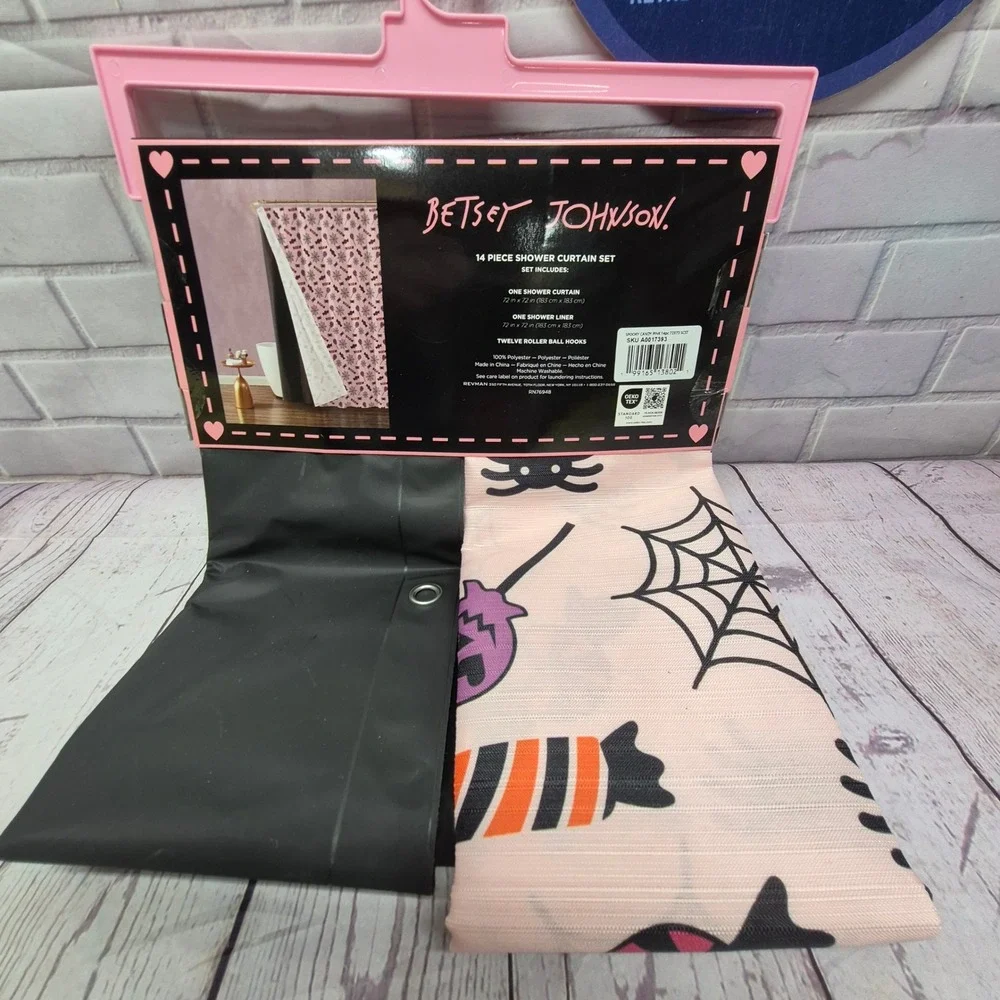 Betsey Johnson Spooky Candy Pink 14pc Shower Curtain Set Halloween Hooks Liner